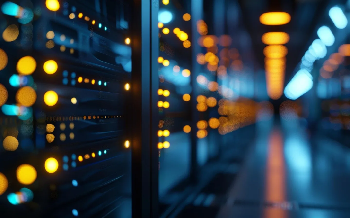 Equipamento de infraestrutura tecnológica com luzes de estado num ambiente de servidores.