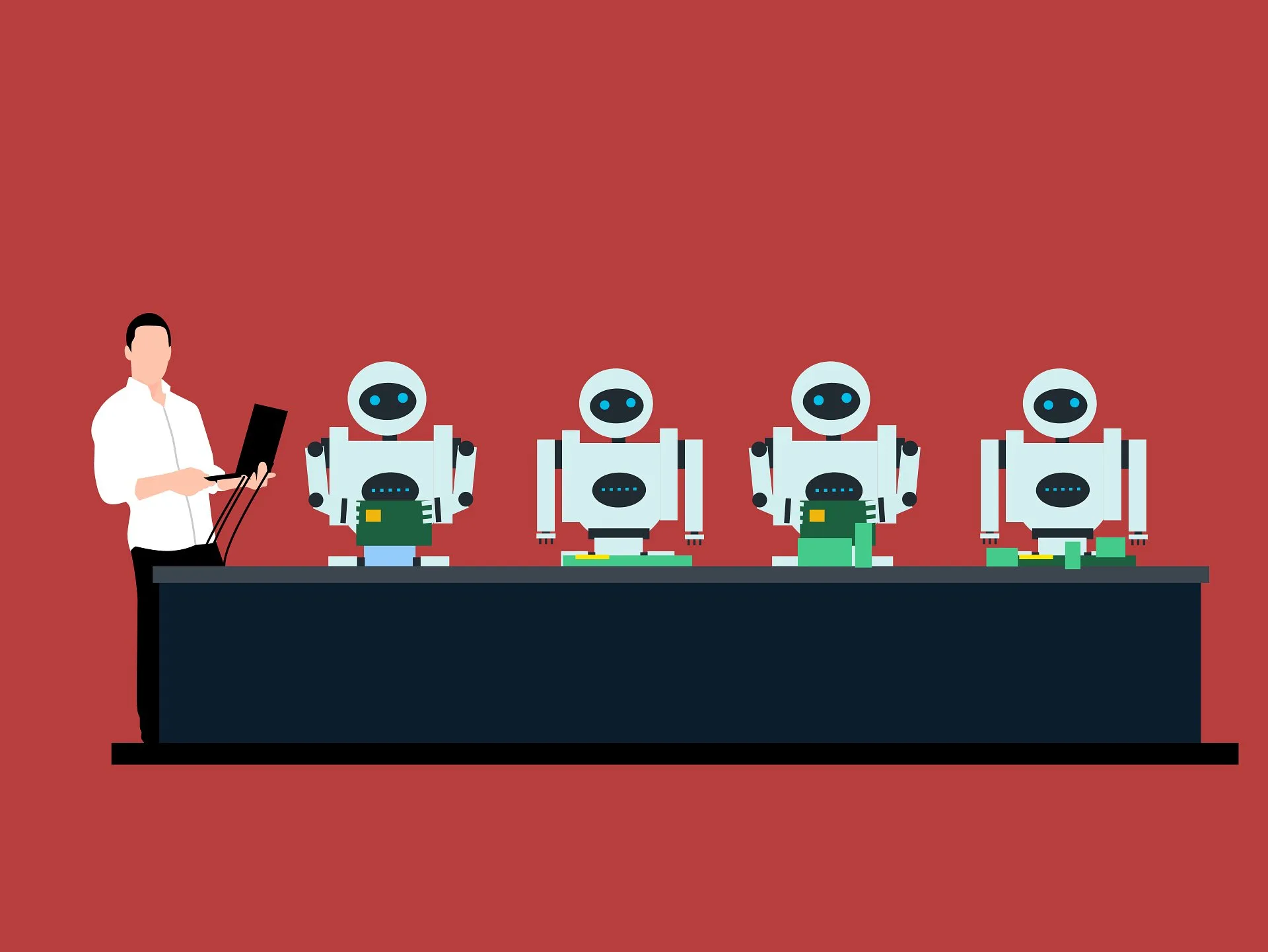 Ilustração de vários robôs numa linha de trabalho, simbolizando automatização de tarefas repetitivas.