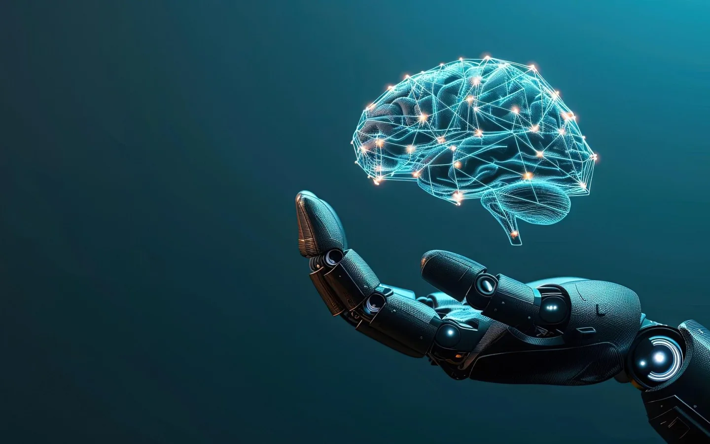 Mão robótica a sustentar uma representação digital de um cérebro, simbolizando automação com inteligência artificial.